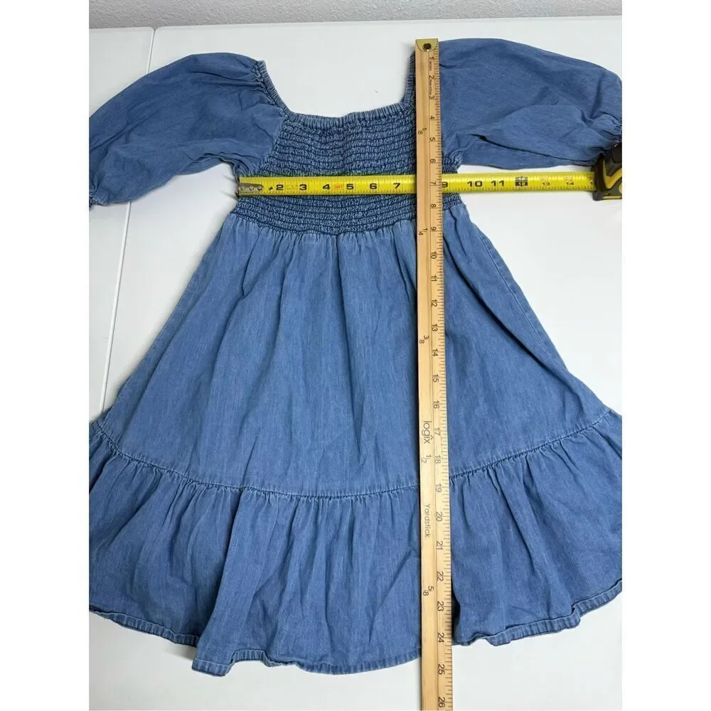 Jessica Simpson Girls Country Denim Dress Smocked Bodice Puffy Sleeve Size 6
